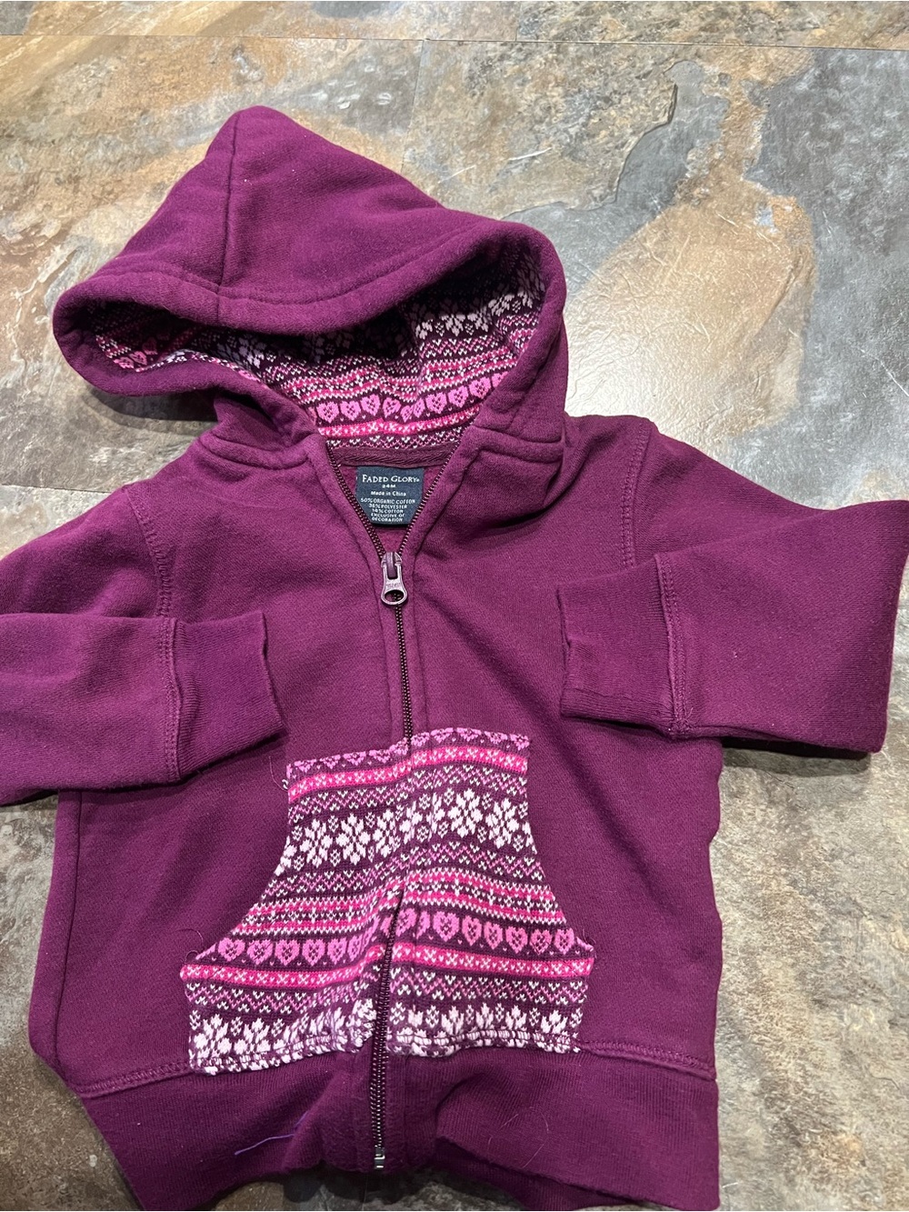 Faded Glory Girls' Plum Zip Hoodie with Pink Patterned Pocket